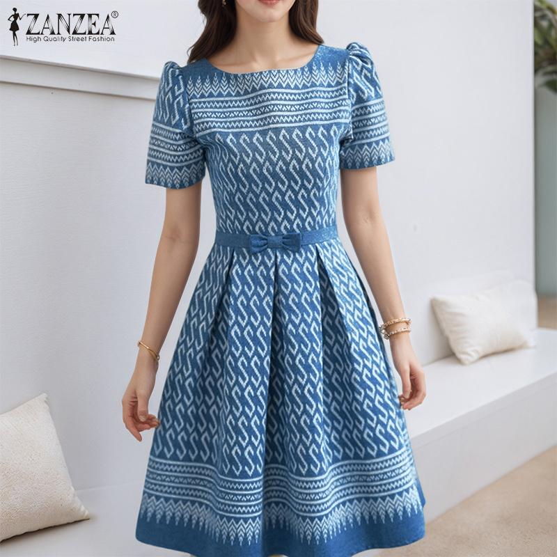 ZANZEA Women Casual Round Neck Summer Short Sleeve Print Dress