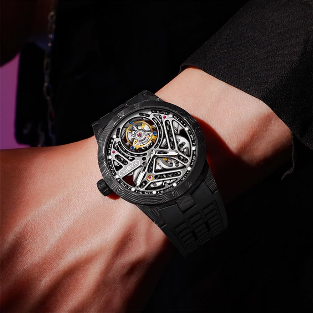 Hodinky HAOFA Tourbillon Mechanické Automatické Natahování Pouzdro z Uhlíkových Vláken Dutý Ciferník Stylové Luxusní Safírové Sklo Populární Vodotěsné Dárek Pánské Pánské