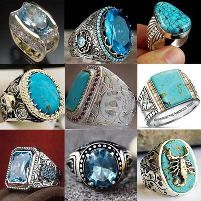 Anello da uomo retrò a forma di uovo con acquamarina e motivo intagliato