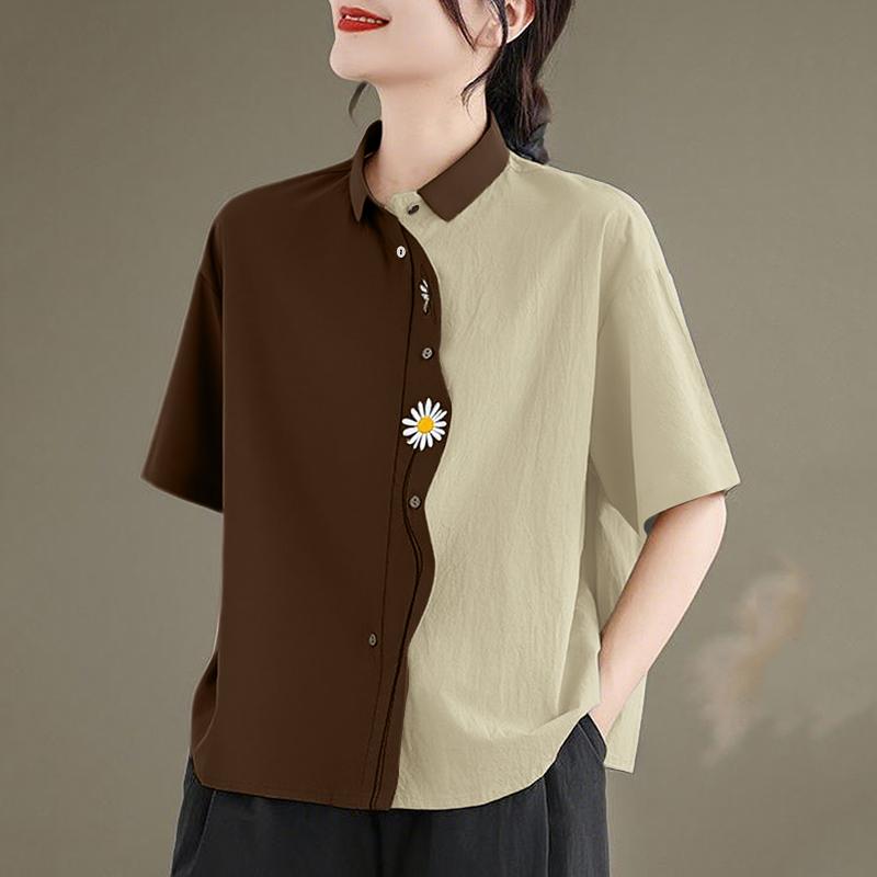 ZANZEA Damen Lässig Umlegekragen Sommer Kurzarm Patchwork Bluse