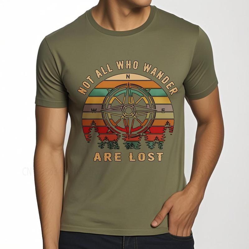 Streetwear Summer Unisex T Shirt Not All Who Wander Are Lost Compass Sunset Trees Short Sleeve Printed O Neck Tops