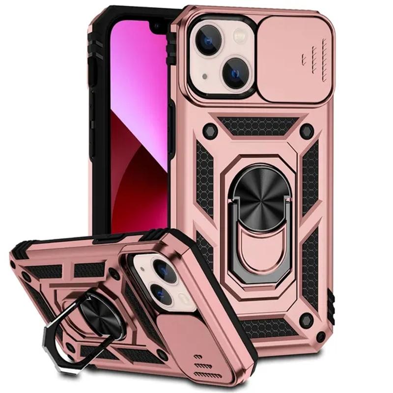Luxury Slide Lens Shockproof Armor Phone Case For iPhone 15 14 13 12 11 Pro Max X XR XS Max 7 8 15 Plus Ring Stand Hard PC Back Cover Shell