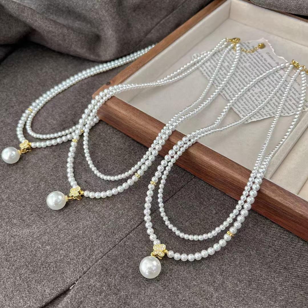 Vintage High-Quality High-Gloss Double-Layer Cold White Artificial Pearl Necklace Sweater Chain Pendant