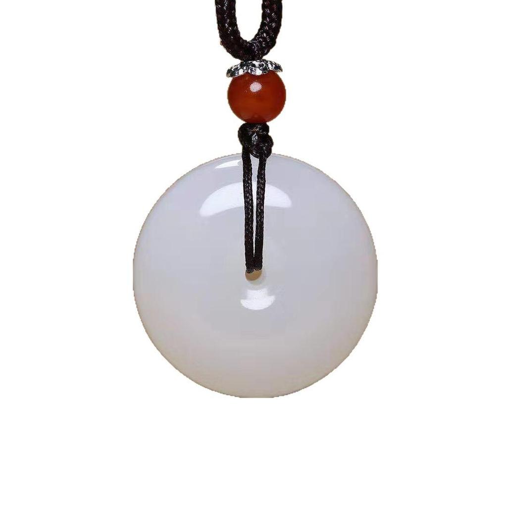 Afghan Jade Ping'an Kou Pendant Necklace: Lamb Fat White Jade Buckle with Imitation Hetian Jade Stone and Rope.