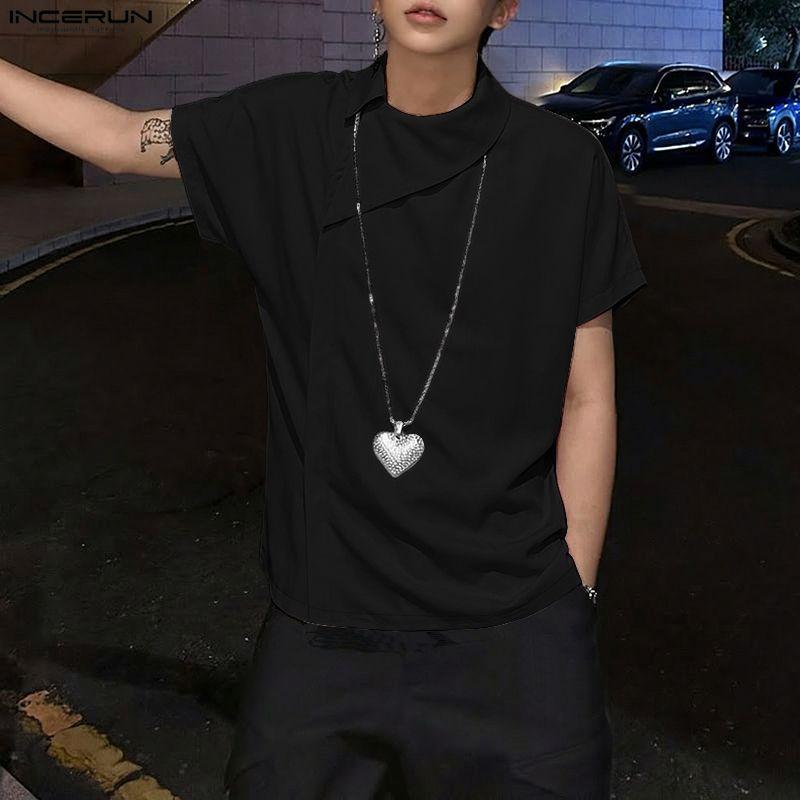 INCERUN Men Summer Lapel Neck Short Sleeve Side Buttons Casual Shirts Tops