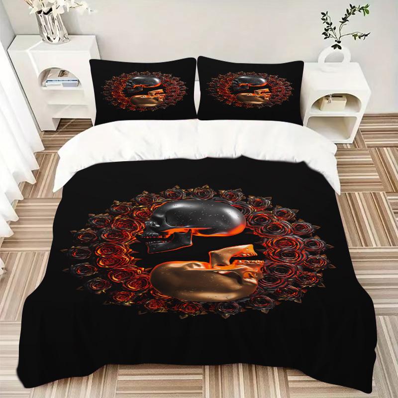 

3pcs Skull Roses Bedding Set Down Comforter Cover and Pillowcases, Suitable for All Seasons(No Insert)-0729045 135x200cm