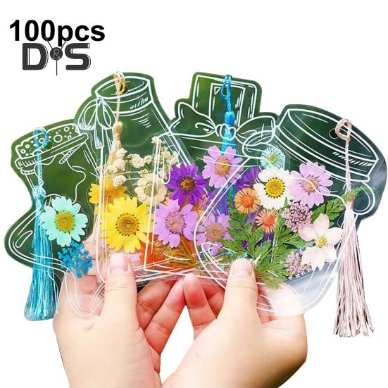 20/100 Pcs DIY Transparent Dried Flower Bookmarks Clear Pressed Flower Bookmarks with Tassels Self-Adhesive Jars Stickers