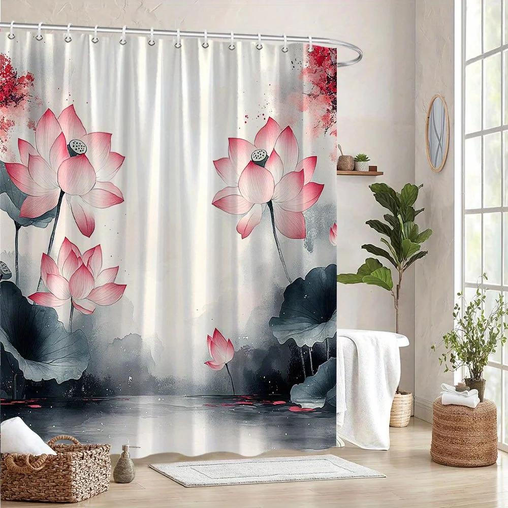 Ruhiger rosa Lotus Aquarell Duschvorhang - Gelassenes ostasiatisches Design, Neblige Landschaft, 12 Haken, Beruhigende Badezimmerdekoration