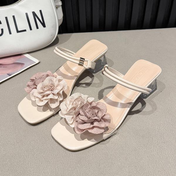 Fashion Glitter Slides Slippers Casual Summer Women's Shoes Heeled Mules Flower Pantofle Square Heel Jelly Luxury High 2025 Block Floral