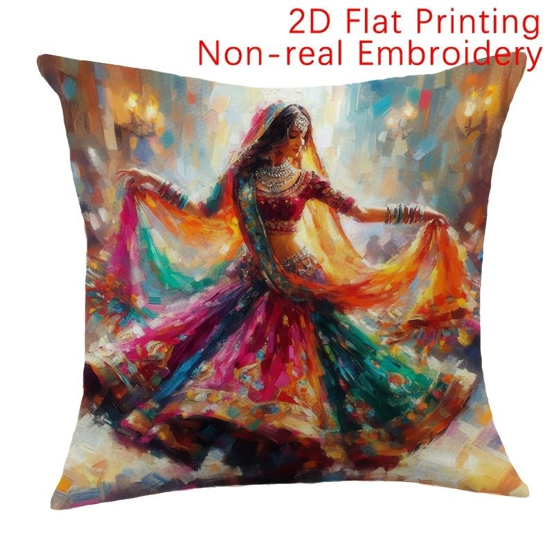Colorful Indian Dancer Pillow Cover Vibrant Bollywood Art Print Ethnic Floral Cushion Case For Sofa Bed Couch Boho Home Decor
