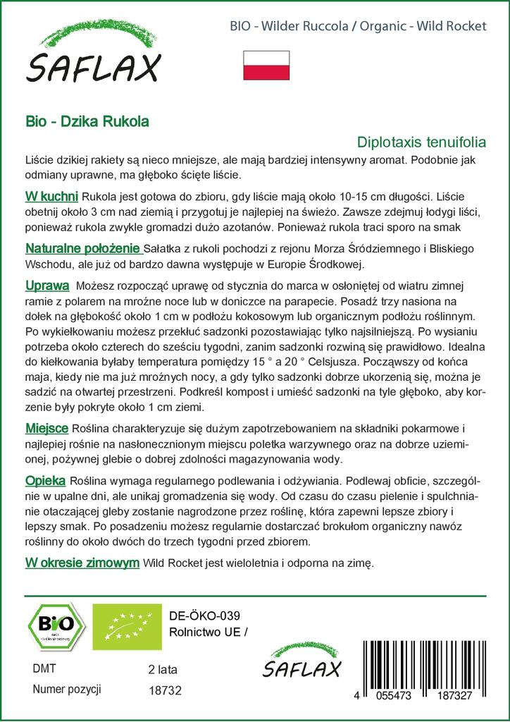 SAFLAX Garden In the Bag - Organic - Wild Rocket - 1500 Seeds - With Substrate In a Fitting Stand Up Bag - Diplotaxis Tenuifolia