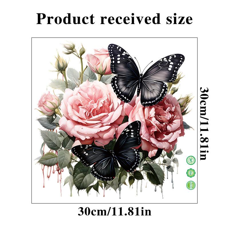Pink Rose Black Butterfly Floral Wall Stickers Self Adhesive Peel and Stick Decor for Bathroom Cabinets Refrigerator Doors Home Decoration