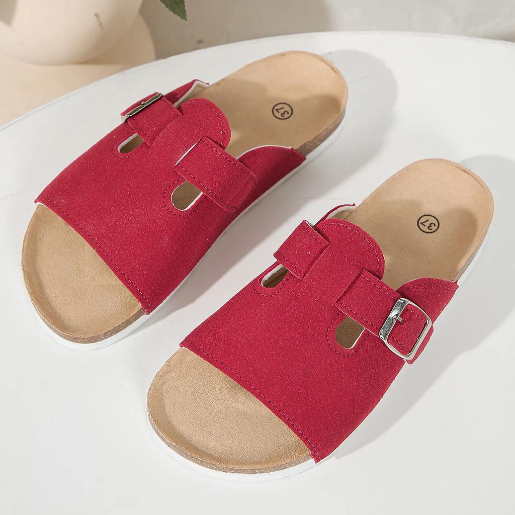 Sandały z korkową wkładką Damskie Letnie Buty Moda Zamszowe Płaskie Sandały ze Wsparciem Łuku Stopy Para Odkryte Palce Klapki na Plażę Regulowane