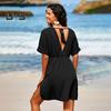 Women Summer Dress V Neck Short Sleeves Pleated High Waist Beach Coverup Loose Mini Dress Lace-up Tassel Strap Backless Slit Hem Dress