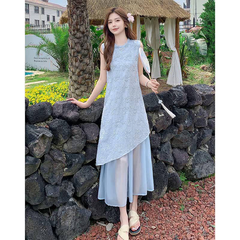 Elegant Embroidered Sleeveless Midi Dress L