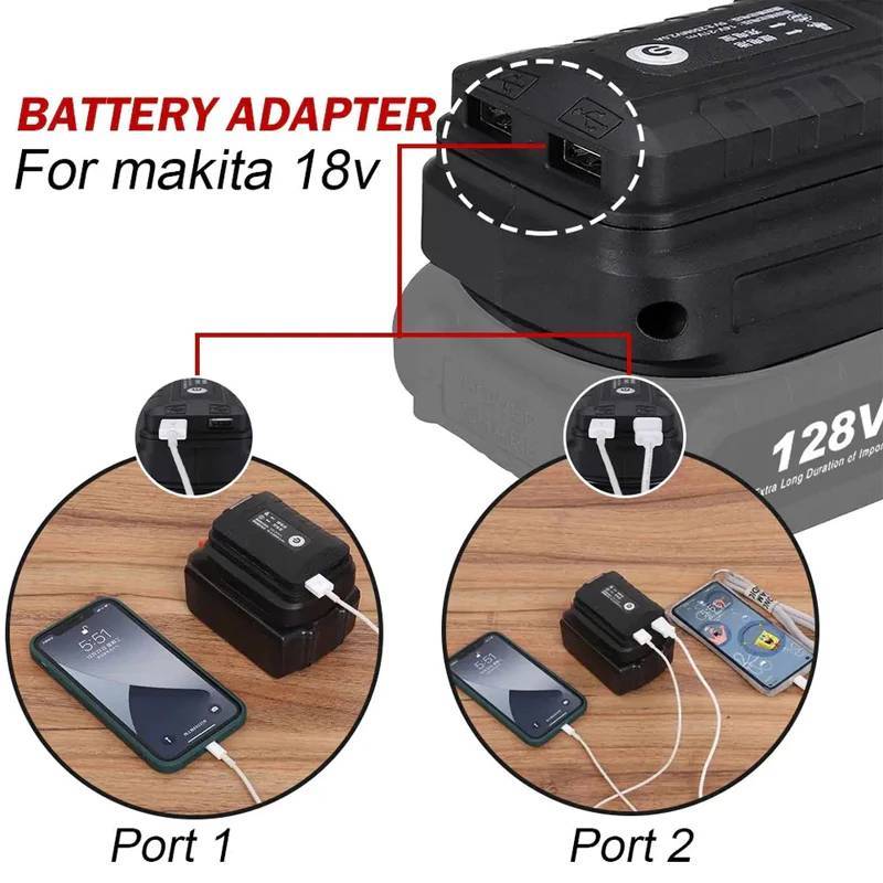 Makita 18v Lithium Ion Battery Power Adapter With Led Light Dual Usb Charger For Power Tools