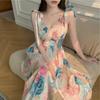 Nuova Gonna Estiva da Donna con Bretelle e Fiocco Stile Vintage Francese Stampa Pittura ad Olio Abito Temperamento