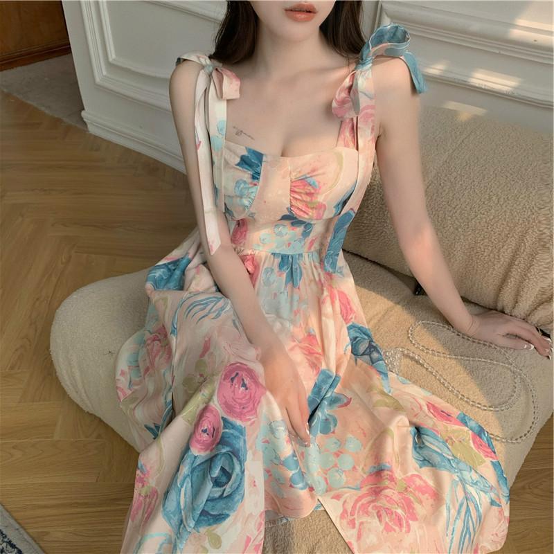Nuova Gonna Estiva da Donna con Bretelle e Fiocco Stile Vintage Francese Stampa Pittura ad Olio Abito Temperamento