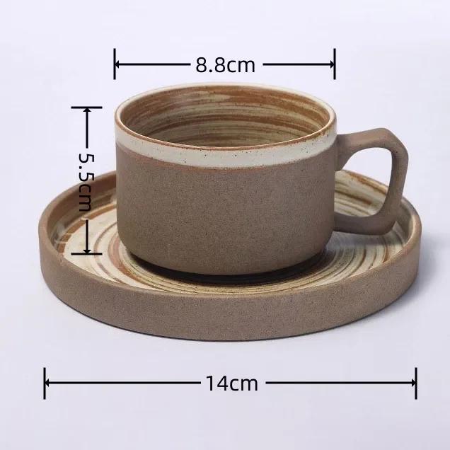 Japanese Style Stoneware Coffee Cup and Saucer Set Handmade Retro Mark Cup 350ml Large Capacity Household Milk Breakfast Cup