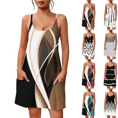 Γυναικείο Καλοκαιρινό Casual Φόρεμα με Τυπώματα και Τετράγωνο Ντεκολτέ Φόρεμα Τιραντάκι με Τσέπες