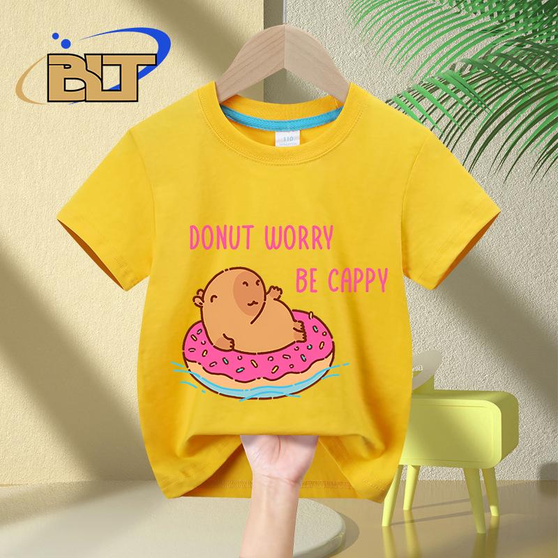 

Capybara Floating in a Donut Floater, Donut Worry Be Cappy Cartoon Print Kids T-shirt Summer Children s Short Sleeves 100