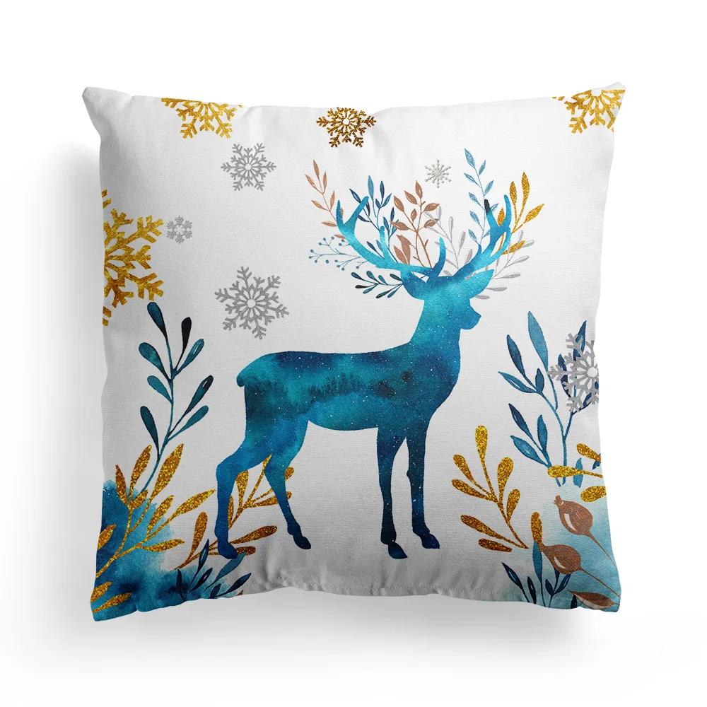 New Christmas Blue Watercolor Elk Pillowcase Christmas Decoration Holiday Gift Living Room Sofa Ornament Bedroom Home Decoration