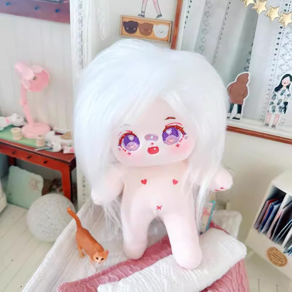 Niannyyhouse 20cm Plush Girl White with Fried Hair and Black No Regular Cotton Skeletons Hair, Attributes, Body, Doll, Dress-Up (10 Included)