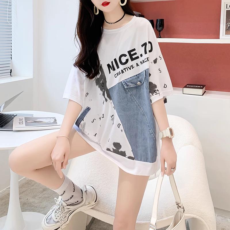 Women's Mid-Length 2025 Denim Patchwork Cotton T-Shirt - Plus Size, Short Sleeve, Round Neck for Summer