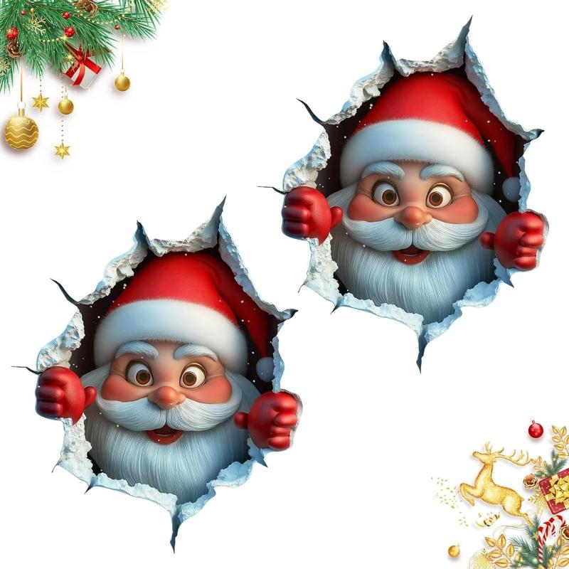 Christmas Wall Stickers Removable Santa Claus Breaking Through Wall 3D Creative Art Decor For Xmas Holiday Party Supplies