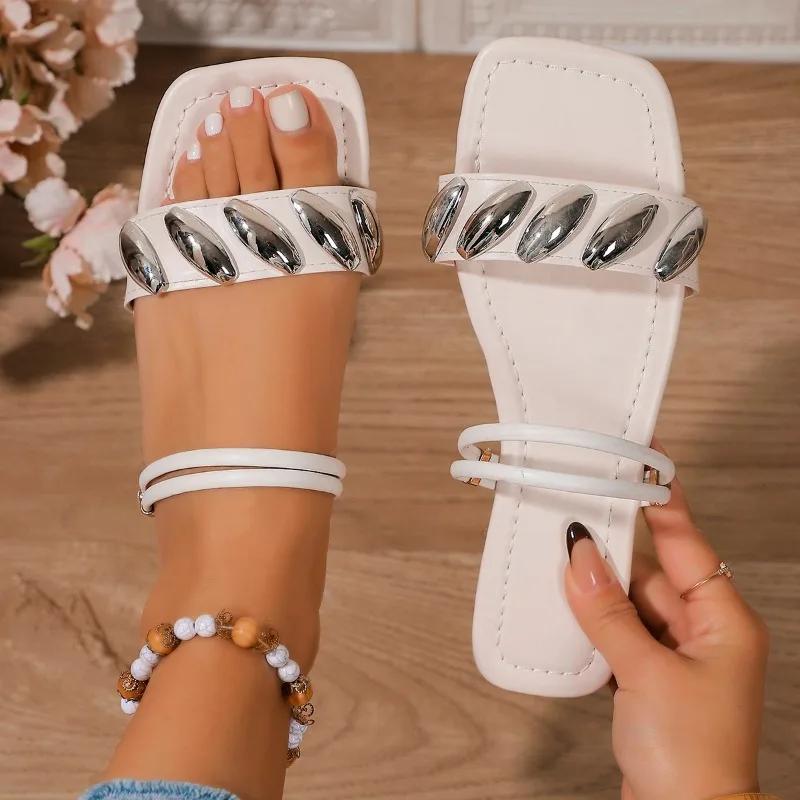Fashion Ladies Shoes 2025 Fashion Slip-on Women's Sandals New Metal Decoration Summer Outdoor Casual Open Toe Plus Size Sandal Slippers