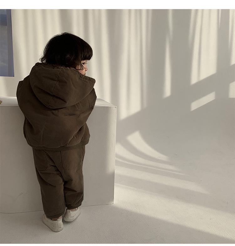 Korean Style Winter Kids' Thick Hooded Cotton Jacket & Pants Set for Girls