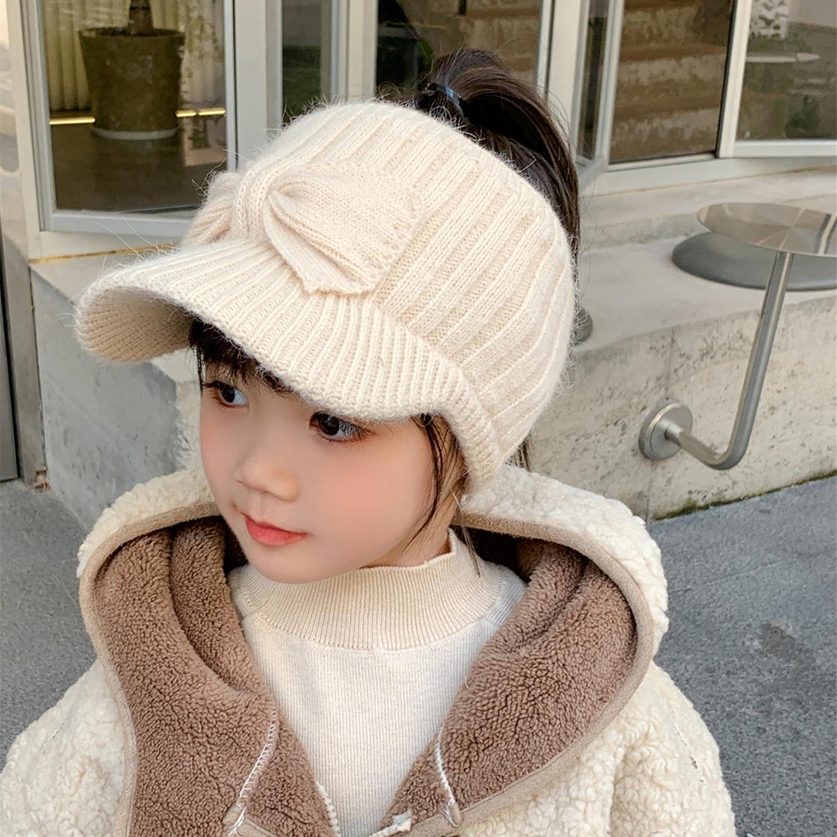 

3-10 лет Детская вязаная шапка бейсболка для девочки милый бант хвост коса осень и зима теплый детский пустой верх свитер One Size бежевый