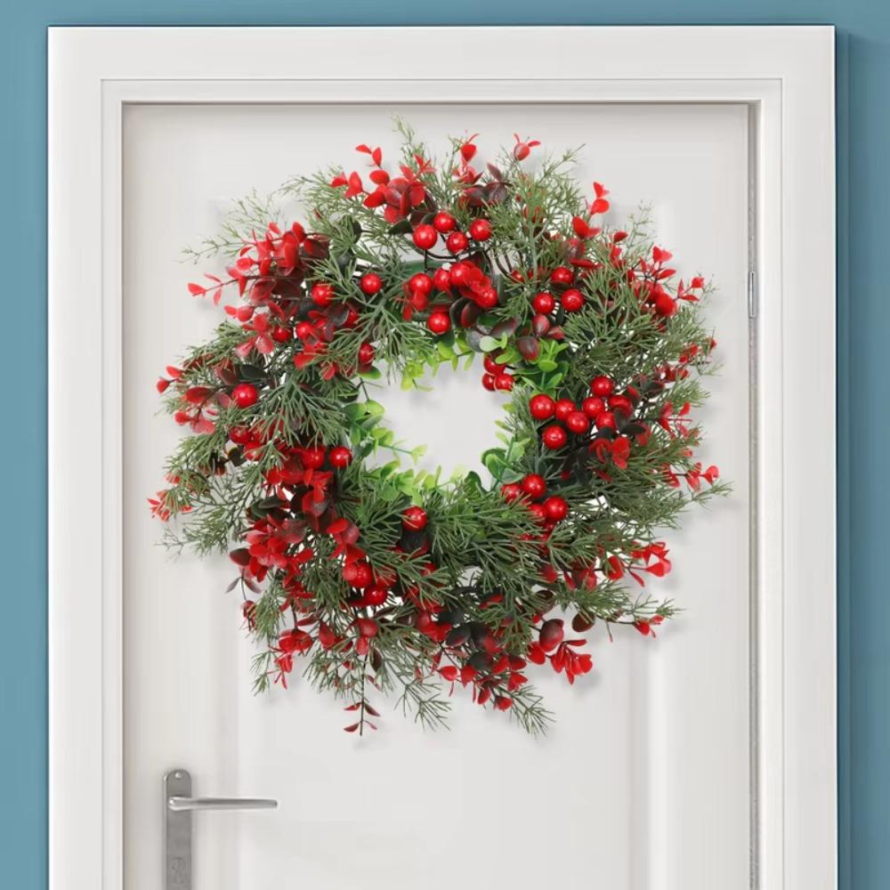 Simulation Leaf Red Berries Wreath Artificial Christmas Hanging Pendant Eucalyptus Garland Porch