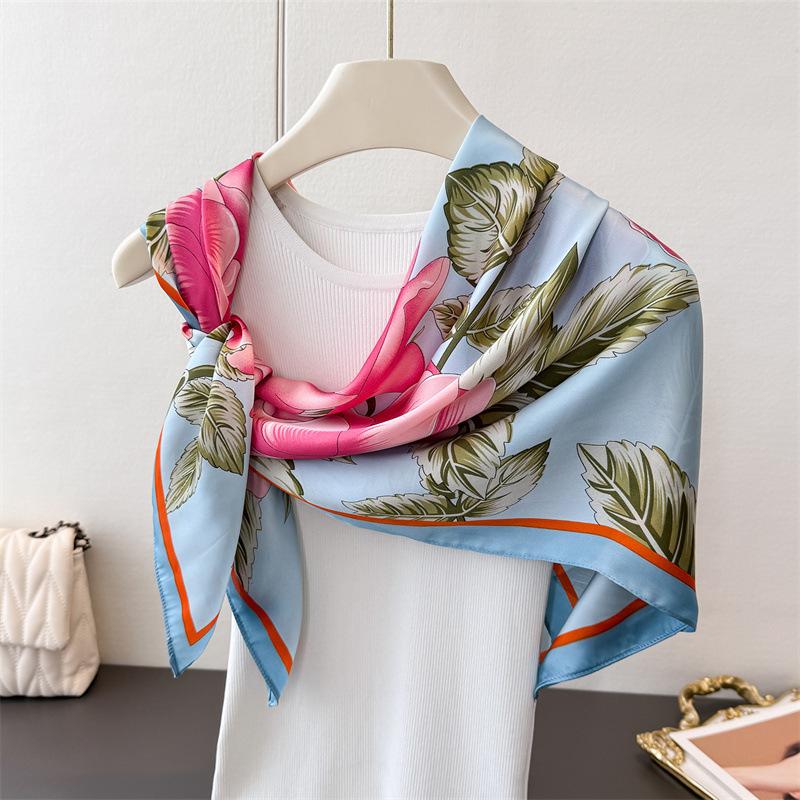 Ladies Korean version scarf sunscreen travel shawl large print square scarf silk scarf satin imitation silk flower scarf headscarf