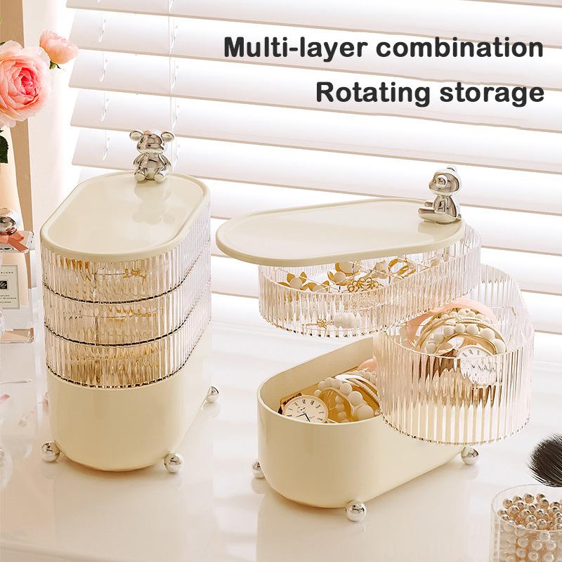Little Bear Desktop Jewelry Storage Box Rotate Dividing Grids Cosmetic Dustproof Lipstick Light Luxury Organizer For Home