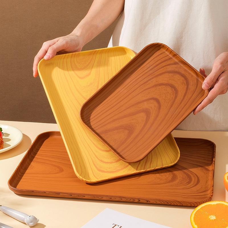 Plastic Tray Canteen Dinner Plate Household Living Room Snack Tea Tray Imitation Wood Grain Rectangular Kindergarten Fruit Plate