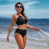 CHARMLEAKS Damski zestaw bikini na co dzień Crop Hollow Out dwuczęściowy zestaw strój kąpielowy w jednolitym kolorze