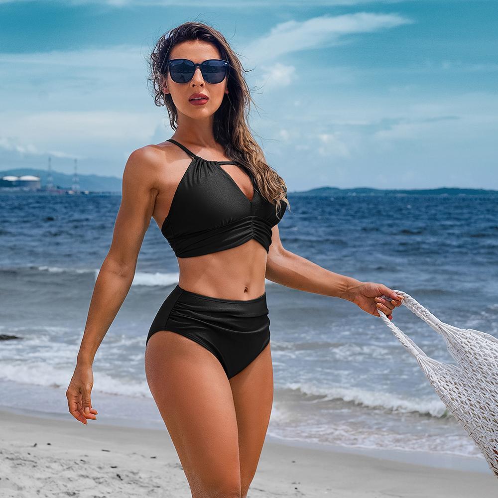 CHARMLEAKS Damski zestaw bikini na co dzień Crop Hollow Out dwuczęściowy zestaw strój kąpielowy w jednolitym kolorze