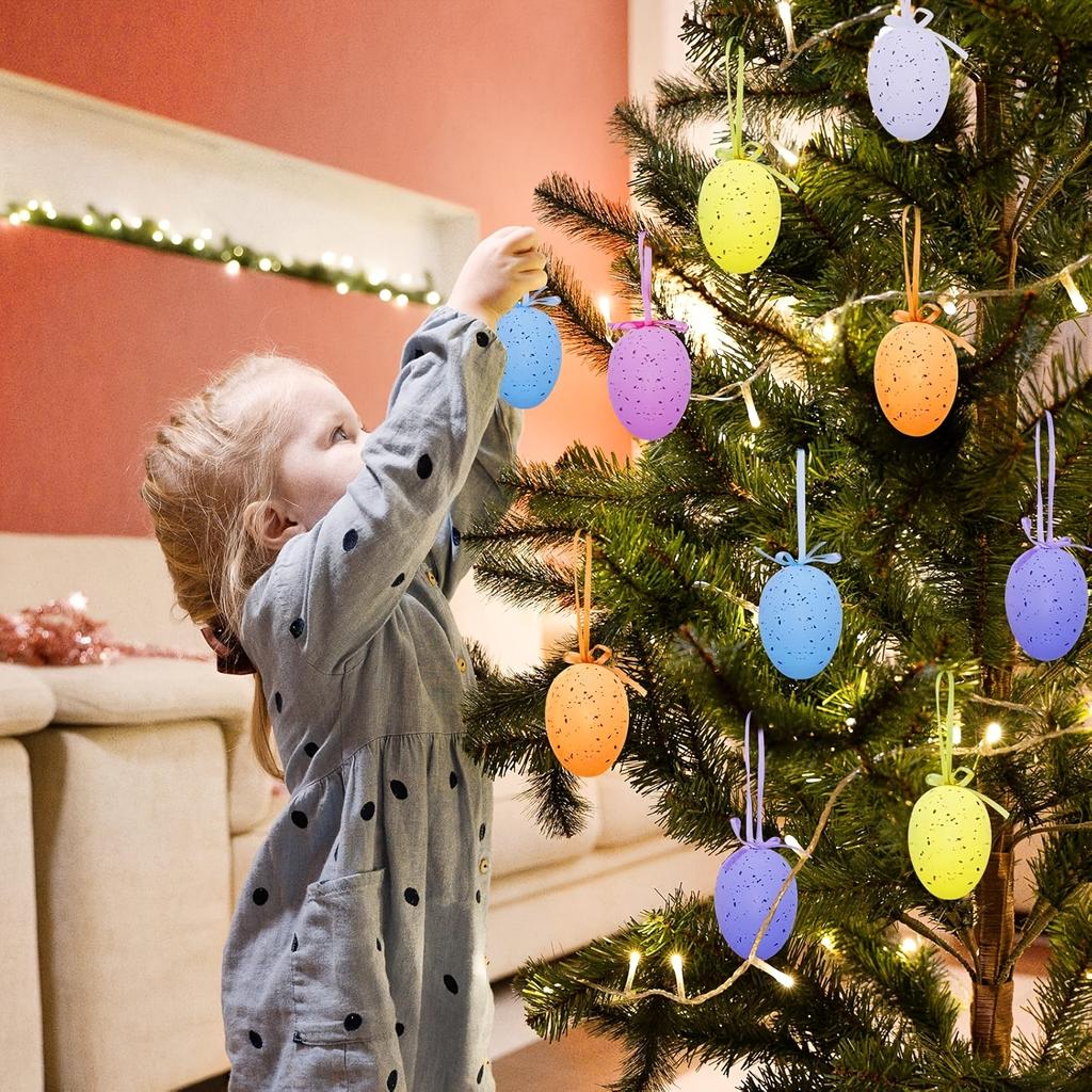 12pcs Plastic Easter Decor Set, Hanging Egg Pendants for Tree Basket Centerpiece, Spring Festival Party Gift & Home Decoration