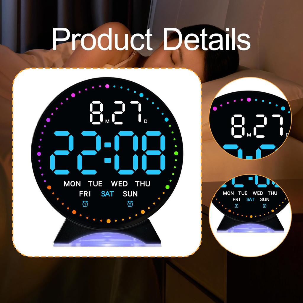 Alarm Clock Adjustable Brightness Multifunctional Modern Silent LED Bedside Clocks for Home