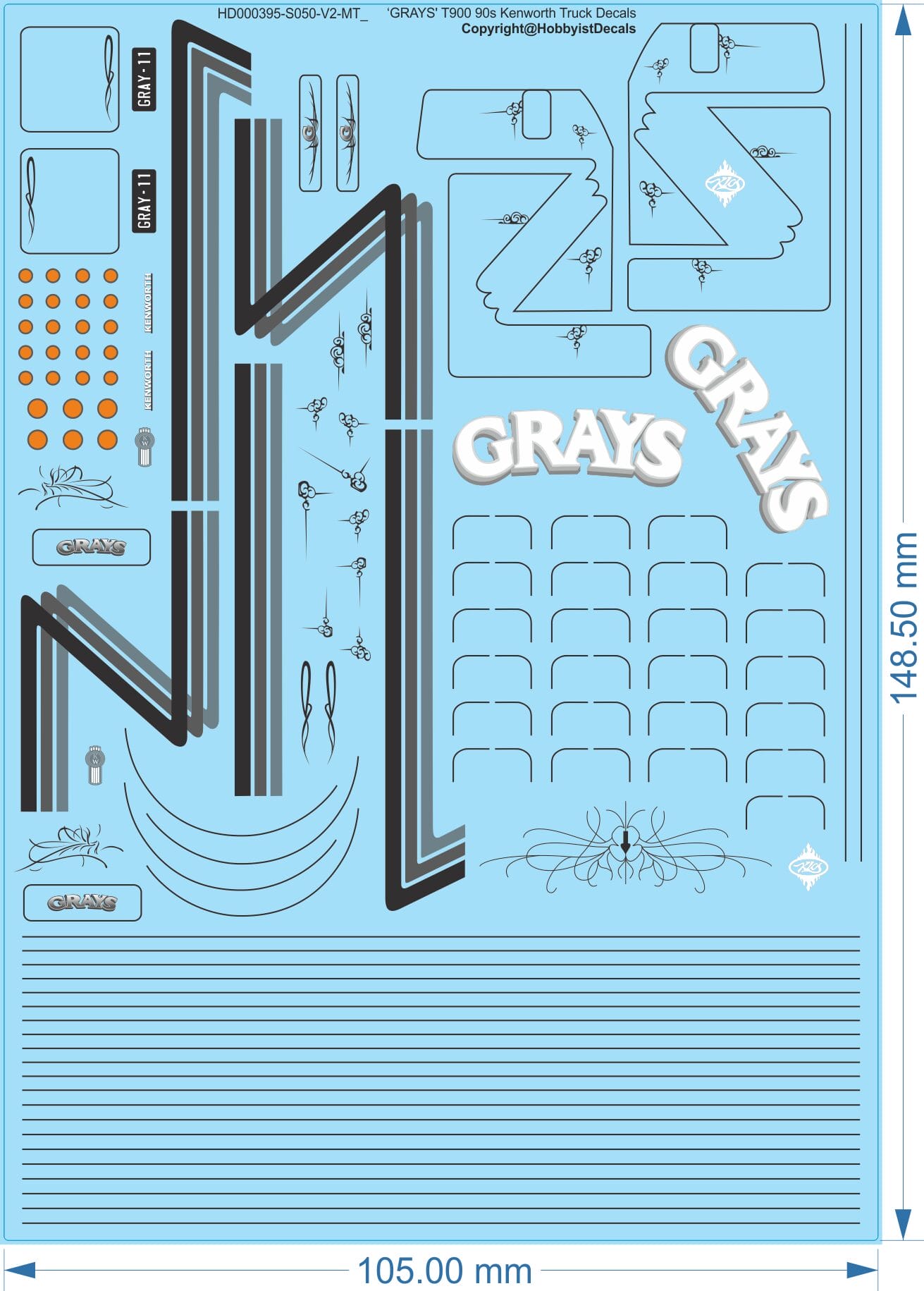 GRAYS (Finley) T900 90s Kenworth Truck Decals - 1/25 1/50 - Water Decal - 1/25, V1: GRAYS (Finley)