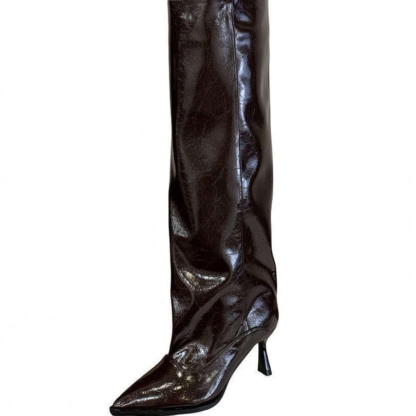 Grey patent leather pointed-tipped pleated boots female hottie style fine heel high tube but knee high heel knight boots