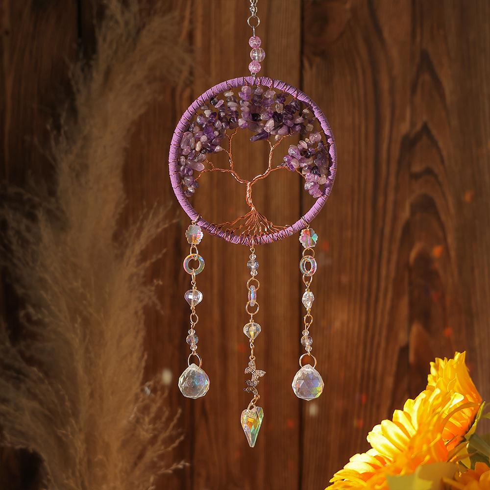 

Light luxury tree of life dream catcher crystal stone hand-woven handicrafts wind chimes Nordic ins wind room decoration flying purple tree of life crystal