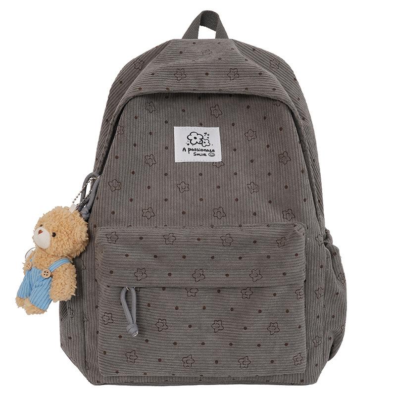 Schoolbag New Casual Double Backpack Corduroy Printed Backpack Middle School School Bag Bear Doll Pendant Backpack