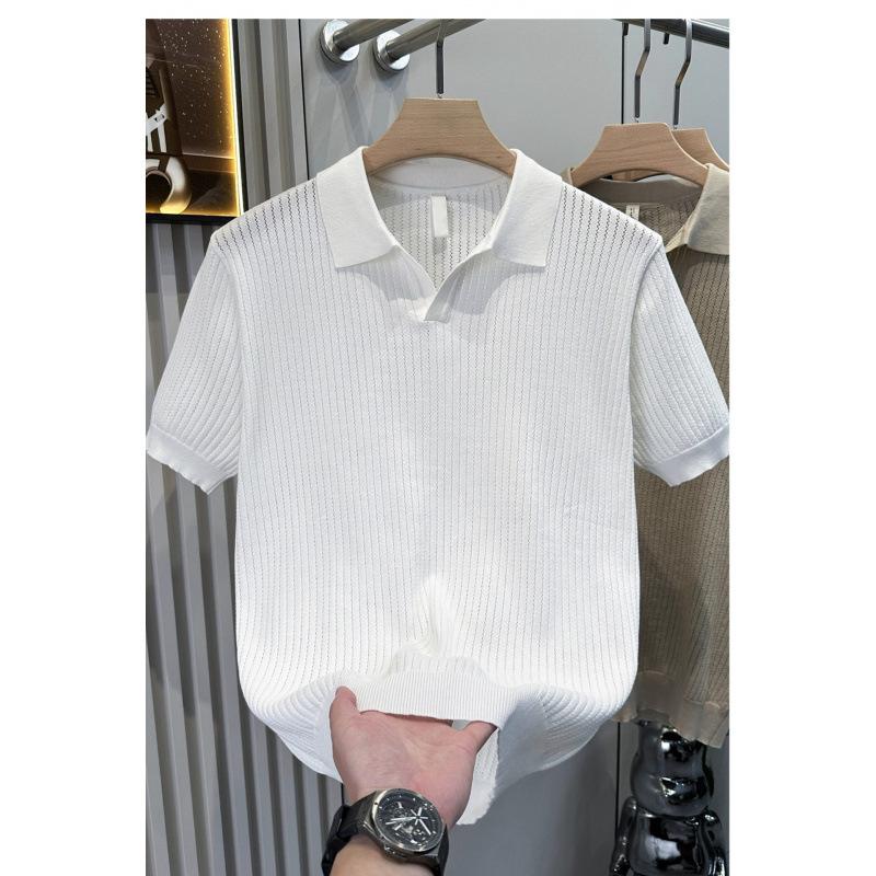 Men s White Vertical Striped Knit Short Sleeve Polo Shirt M белый
