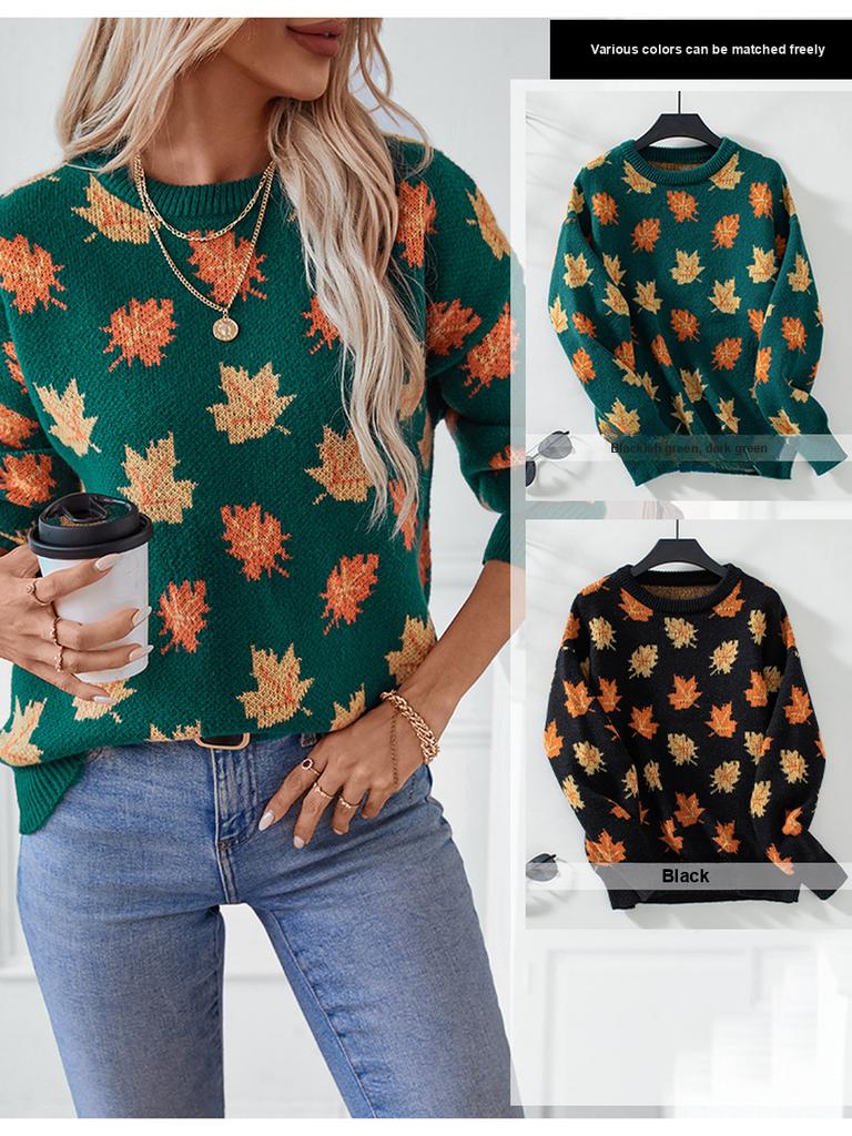 Autumn Leaf Pattern Knit Sweater for Women