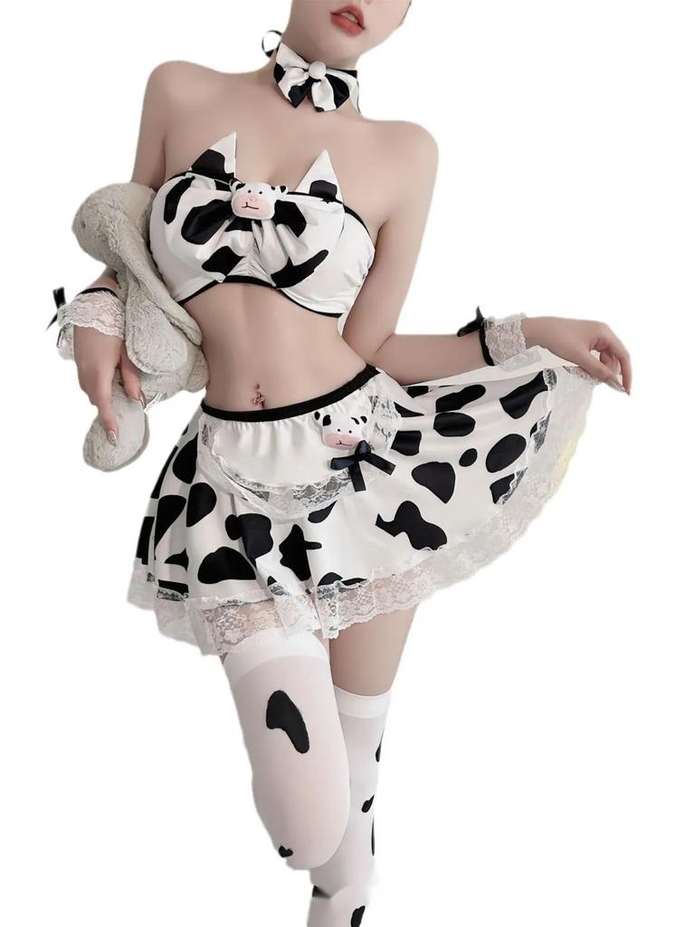 Sexy Cow Uniform Seductive Set Pure Desire Cute Bra Split Short Skirt Set Korean Style Two Piece Outfits For Women Summer 0H9R