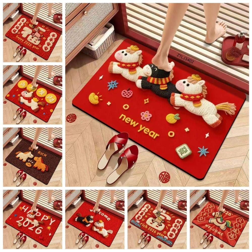 Cute Horse Pattern New Year Door Mat Red Non-slip Door Carpet Water Absorption Soft Blanket Home Decorations