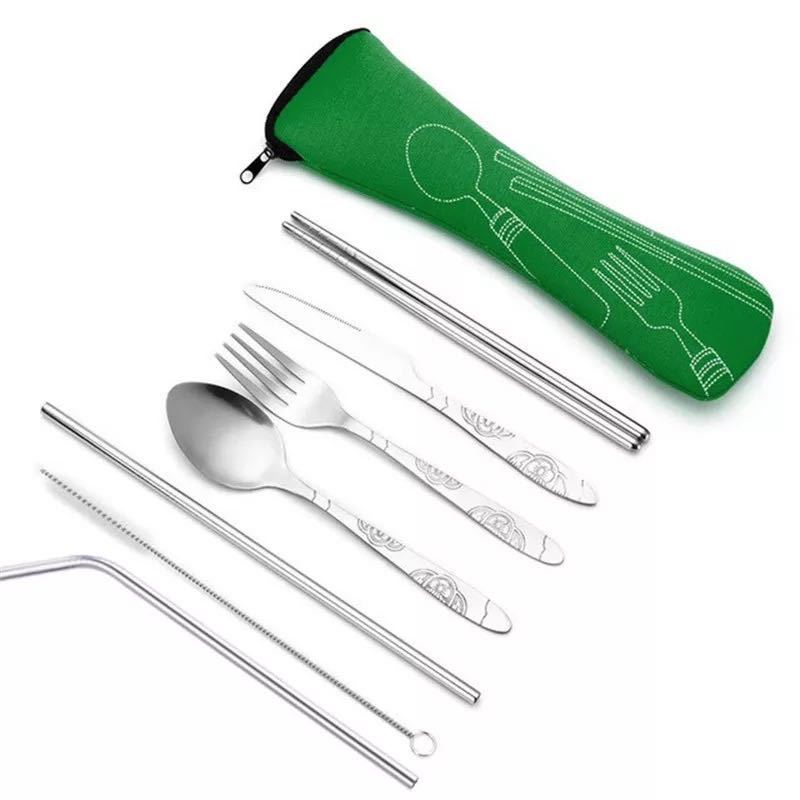 7Pcs/3Pcs Set Dinnerware Portable Printed Knifes Fork Spoon Stainless Steel Family Camping Steak Cutlery Tableware with Bag