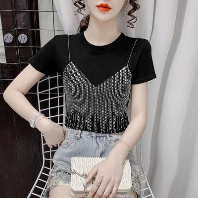 Summer Women's Rhinestone Cami Overlay T-Shirt Crew Neck Short Sleeve Slim Party Top